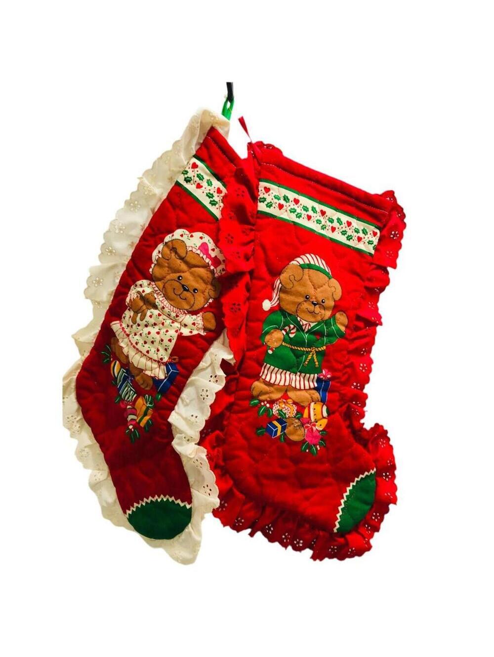Vintage Handmade Christmas Stocking SET Red Quilted Mr /Mrs Teddy Bear Lace Trim